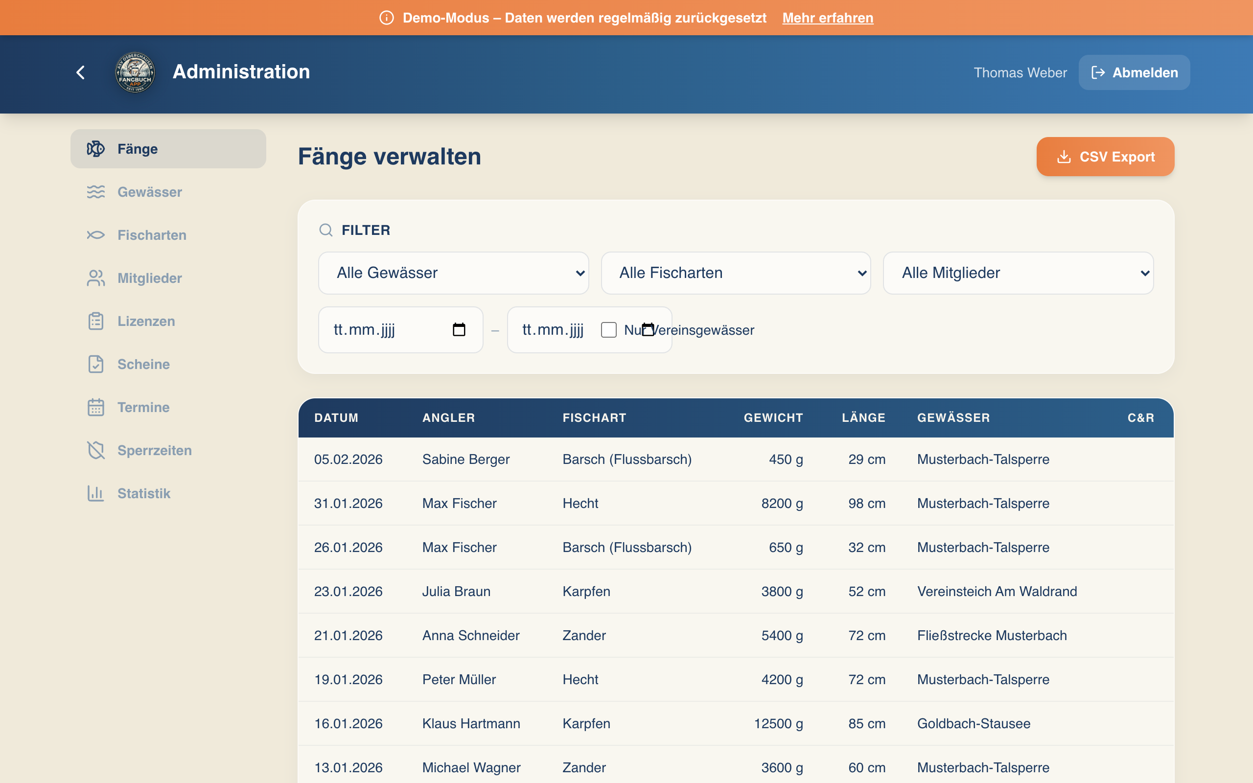 Fänge-Verwaltung mit Filter und CSV-Export