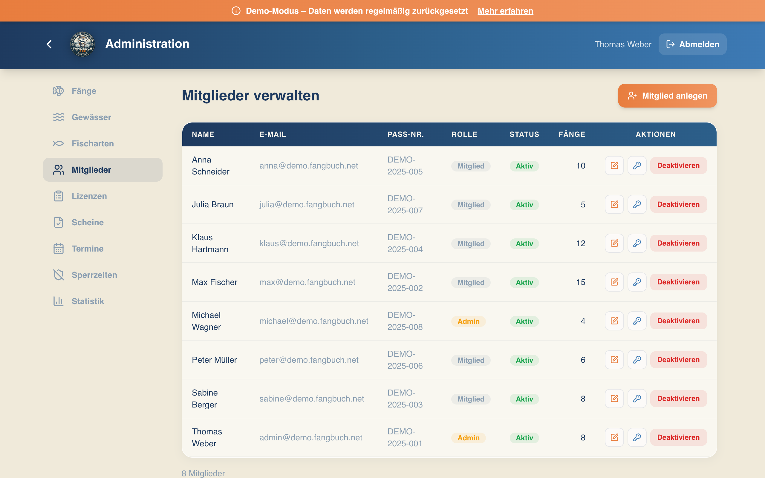 Mitgliederverwaltung im Admin-Bereich
