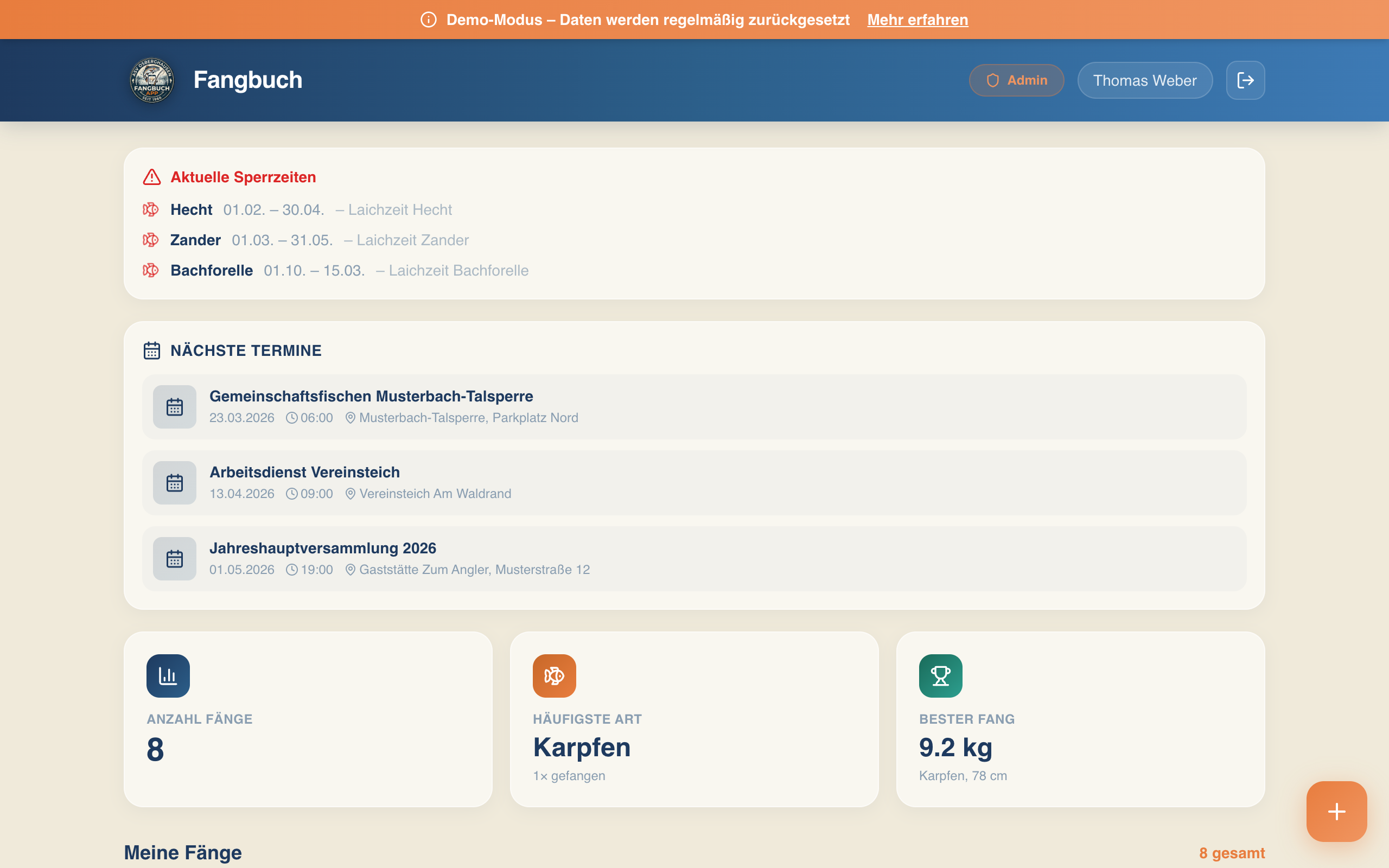 Dashboard mit Fangübersicht, Schonzeiten und Terminen